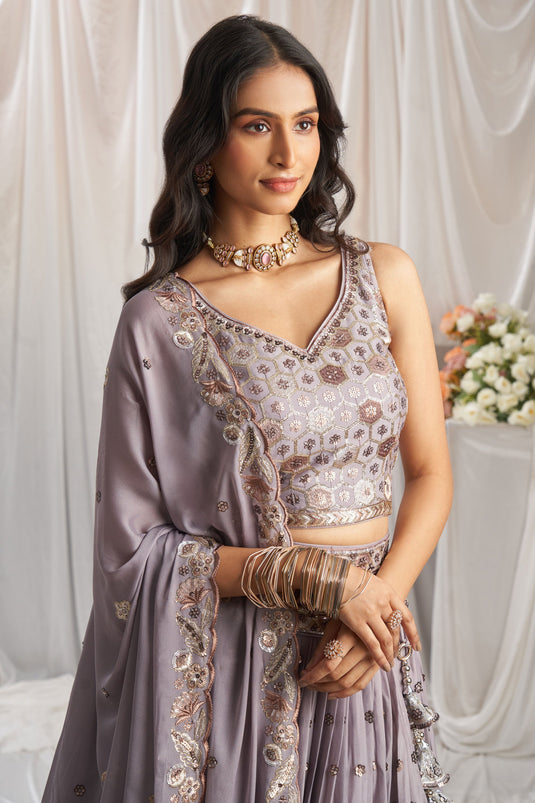 Thread Embroidery Poly Georgette Trendy Lehenga Choli In Lavender Color