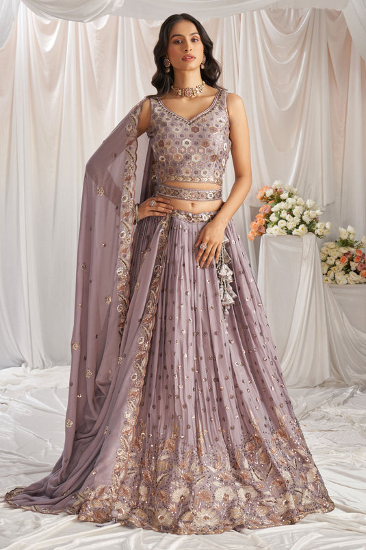 Thread Embroidery Poly Georgette Trendy Lehenga Choli In Lavender Color