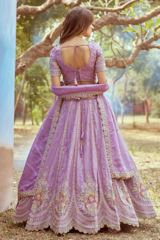 Ruby Lavender Pure Tissue Heavy Embroidered Bridal Lehenga Choli