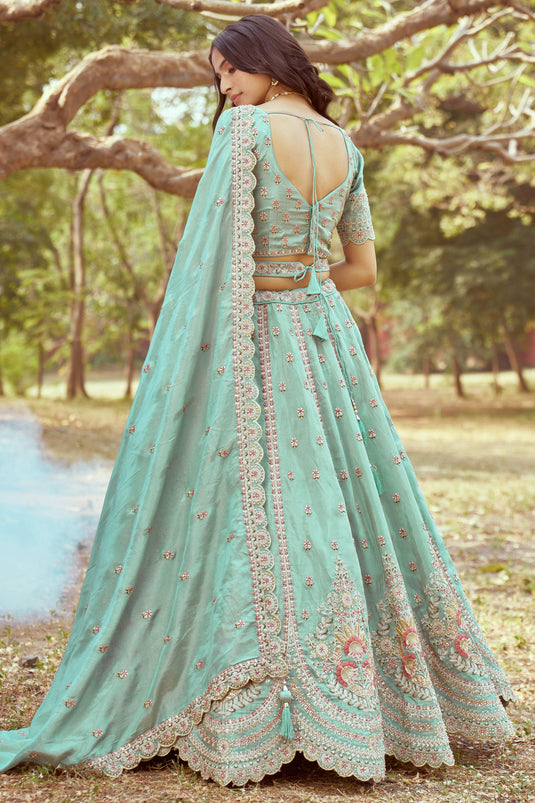 Champagne Sea Green Pure Organza Heavy Embroidered Bridal Lehenga Choli