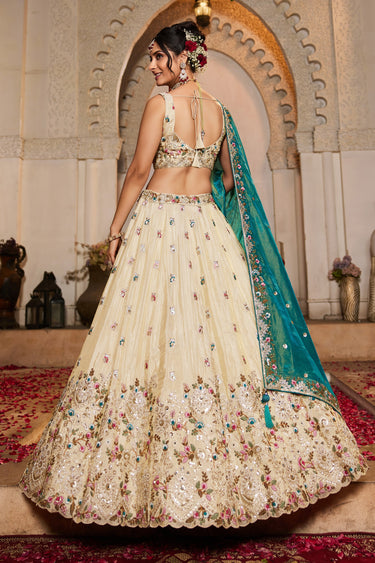 Tissue Teal Sequins Embroidered Bridal Lehenga With Lovely Blouse