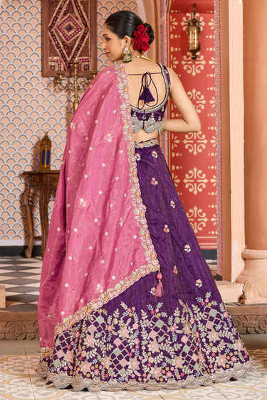 Tissue Fabric Wedding Wear Lehenga Choli In Purple Color