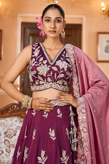 Silk Fabric Embroidered Burgundy Wedding Wear Lehenga Choli