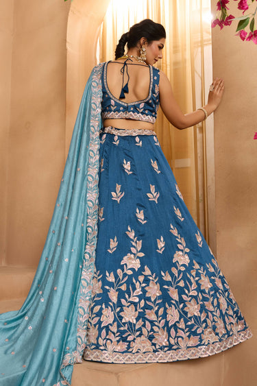 Teal Wedding Wear Silk Embroidered Lehenga Choli