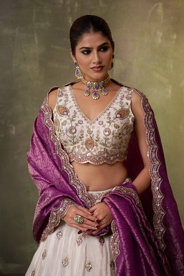 Tissue Embroidered Off White Wedding Wear Lehenga Choli