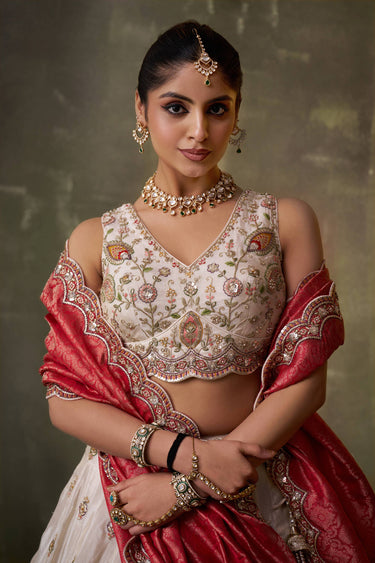 Embroidered Tissue Off White Lehenga Choli For Wedding Wear