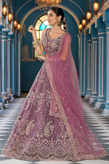 Net Fabric Lavender Wedding Wear Lehenga Choli With Dupatta