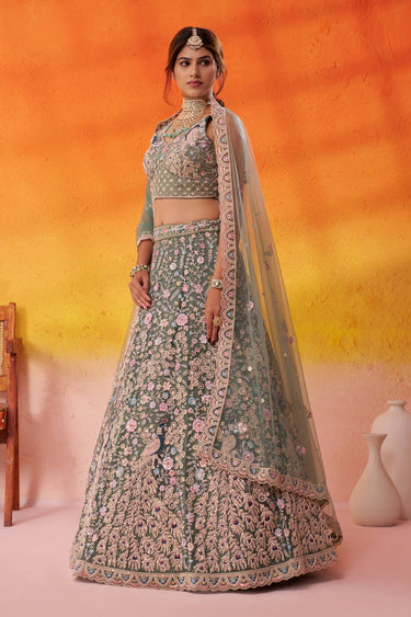 Sea Green Wedding Wear Net Embroidered Lehenga Choli