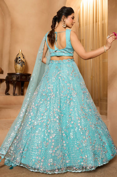 Cyan Wedding Wear Net Fabric Lehenga Choli With Dupatta