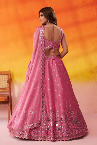 Embroidered Organza Pink Wedding Wear Lehenga Choli With Dupatta