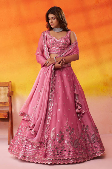 Embroidered Organza Pink Wedding Wear Lehenga Choli With Dupatta