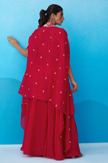 Graceful Rani Crepe Embroidered Indo Western Crop Top With Palazzo And Flared Cape