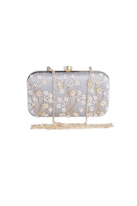 Glamorous Embroidered Fancy Fabric Grey Color Clutch