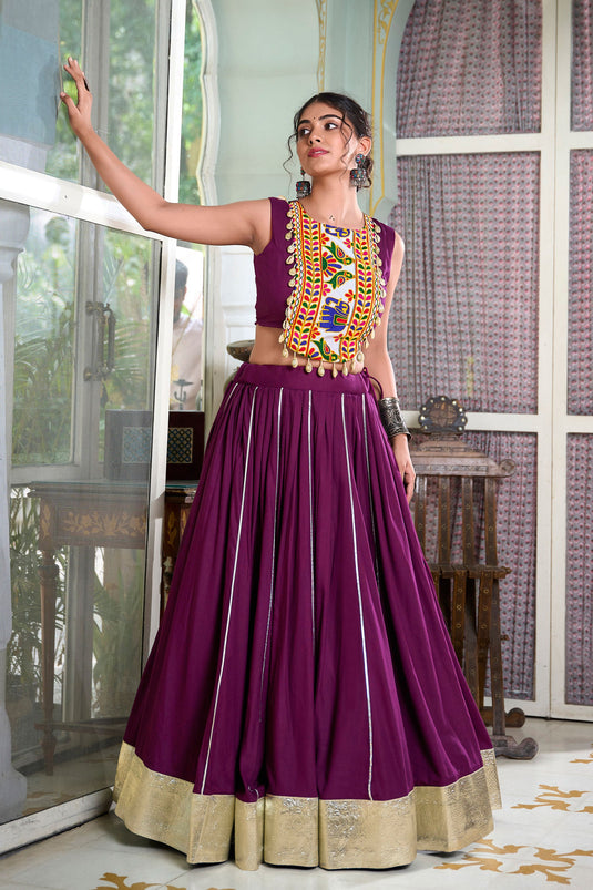 Festive Wear Wine Color Readymade Lovely Lehenga In Rayon Fabric