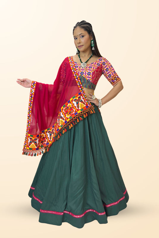 Embroidered Rayon Fabric Ravishing Readymade Lehenga In Green Color