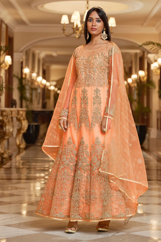 Peach Color Net Fabric Function Style Tempting Anarkali Suit