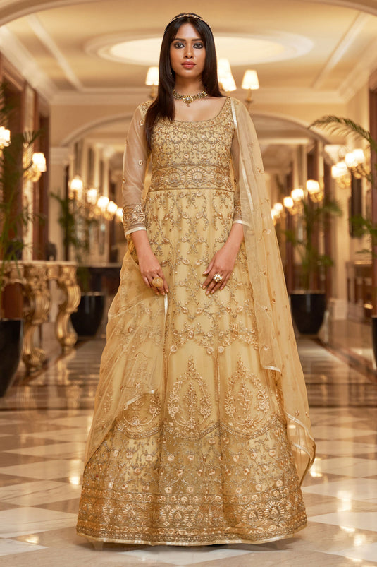 Beige Color Net Fabric Function Style Awesome Anarkali Suit