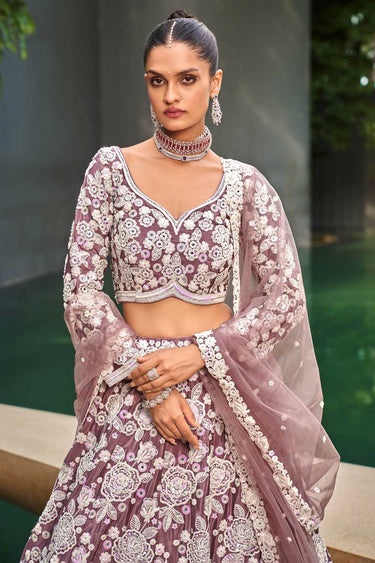 Fashionable Lavender Color Satin Fabric Lehenga