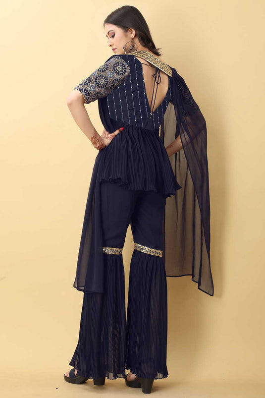 Attractive Georgette Gharara Suit In Navy Blue Color