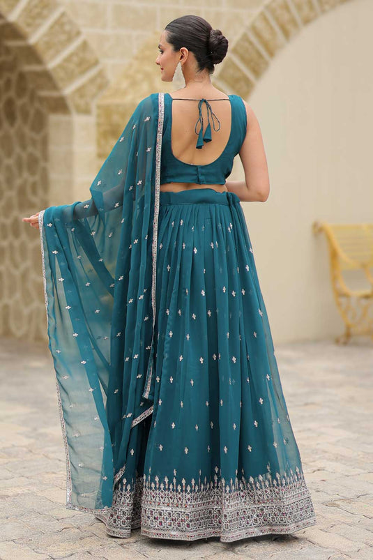 Beguiling Function Style Teal Color Georgette Fabric Lehenga