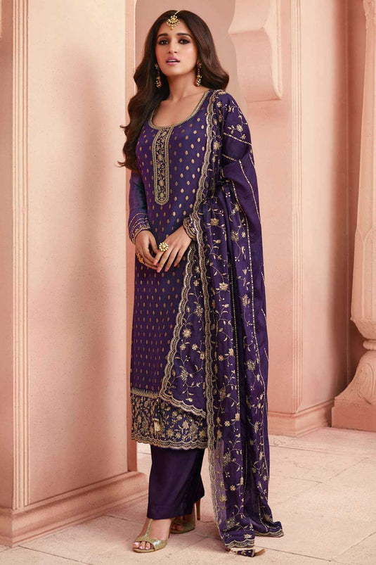 Nidhi shah Purple Color Lovely Dola Silk Salwar Suit