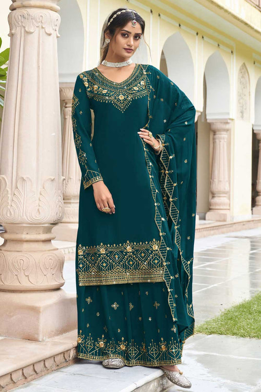 Teal Color Georgette Fabric Alluring Sharara Suit