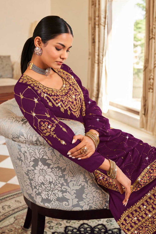 Incredible Vichitra Fabric Purple Color Pakistani Replica Suit