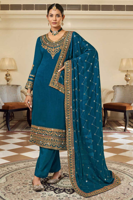 Tempting Vichitra Fabric Teal Color Pakistani Replica Suit