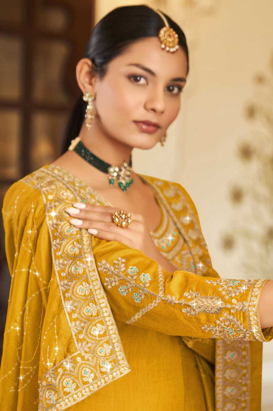 Vichitra Fabric Yellow Color Trendy Pakistani Replica Suit