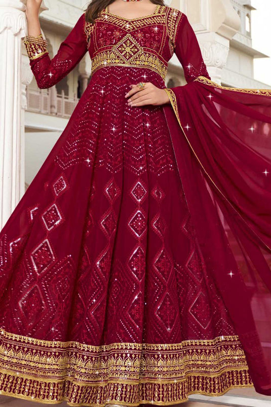 Sangeet special Rani Color Georgette Readymade Anarkali Suit