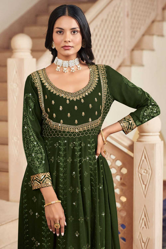 Elegant Mehendi Green Georgette Sangeet Wear Readymade Anarkali Suit