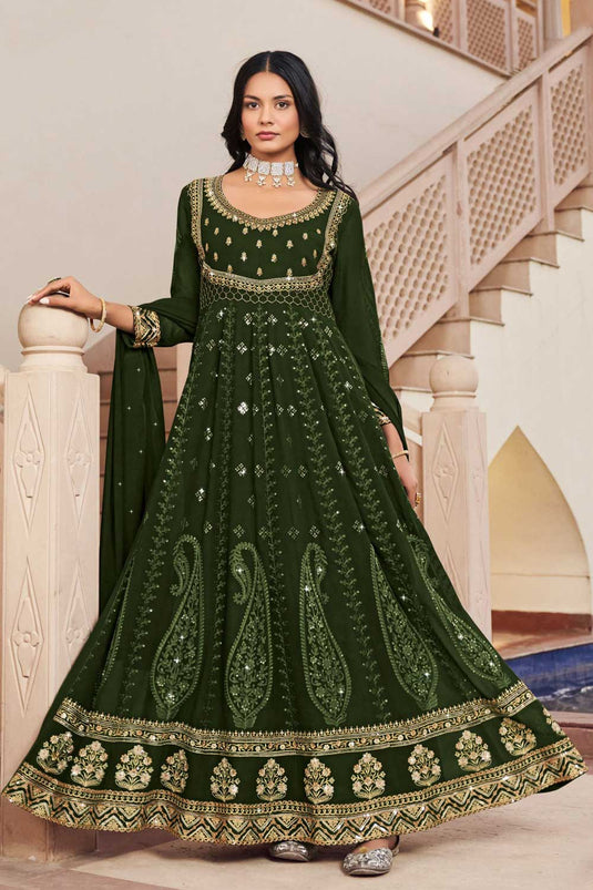 Elegant Mehendi Green Georgette Sangeet Wear Readymade Anarkali Suit