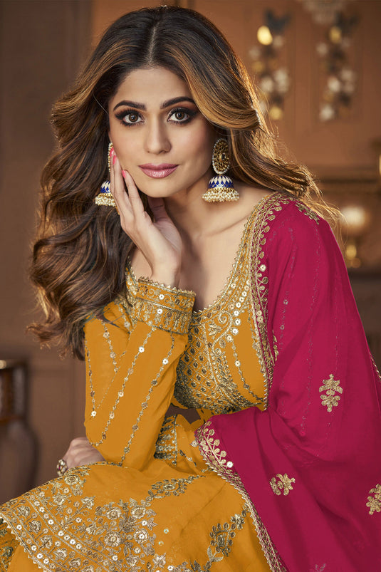 Shamita Shetty Entrancing Georgette Fabric Sharara Top Lehenga In Yellow Color