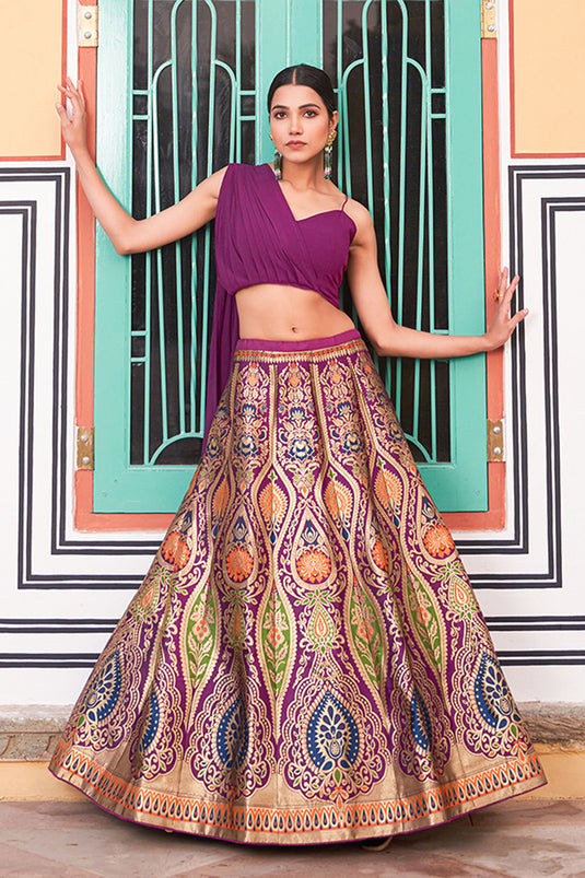 Purple Color Fascinating Weaving Designs Banarasi Silk Lehenga