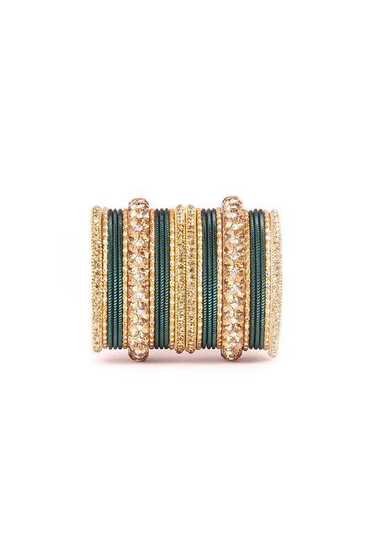 Green Color Sober Shining Bangle Set With Lac and Golden Stone In Alloy Material