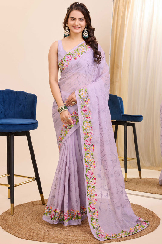 Blazing Lavender Color Embroidered Work Festival Wear Art Silk Saree