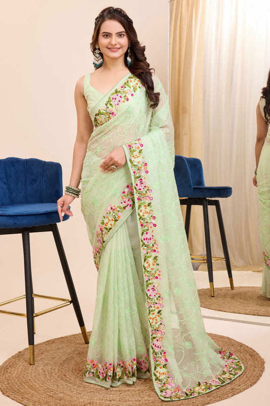 Sea Green Color Embroidered Work Glamorous Festival Wear Art Silk Saree