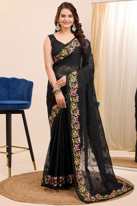 Black Color Exquisite Embroidered Work Festival Wear Art Silk Saree