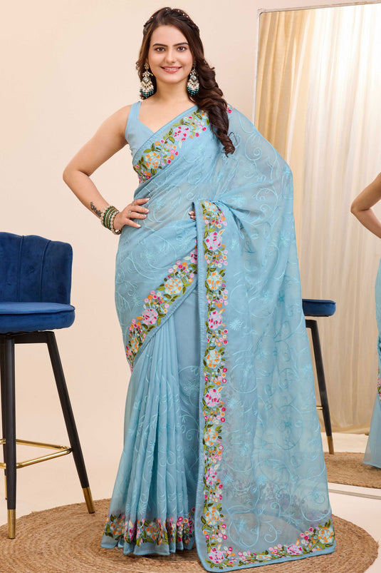 Embroidered Work Attractive Festival Wear Art Silk Saree In Sky Blue Color