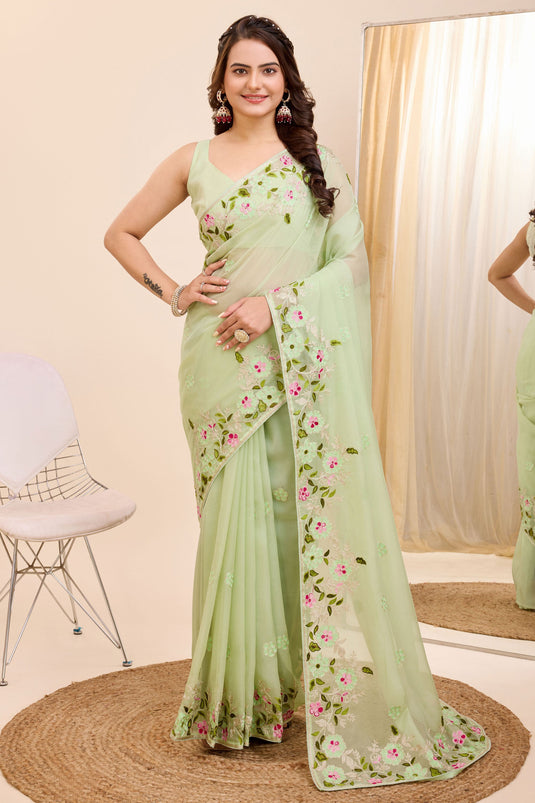 Sea Green Color Embroidered Work Brilliant Festive Wear Art Silk Saree
