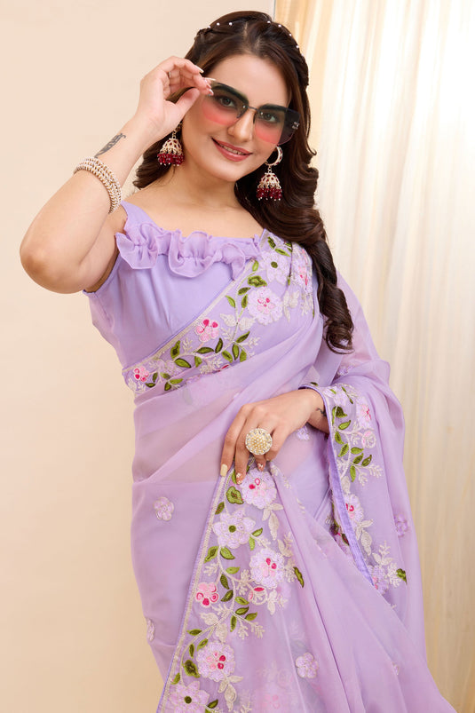 Embroidered Work Imposing Festive Wear Art Silk Saree In Lavender Color