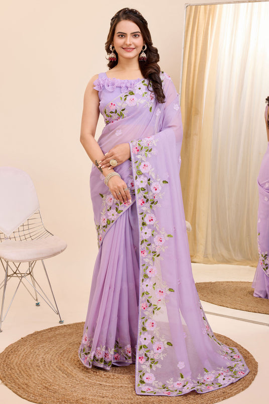 Embroidered Work Imposing Festive Wear Art Silk Saree In Lavender Color