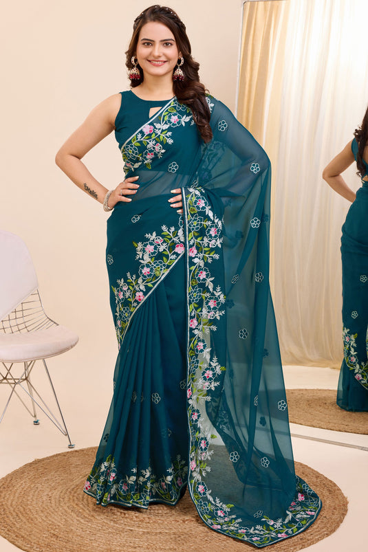 Embroidered Work Soothing Festive Wear Art Silk Saree In Teal Color