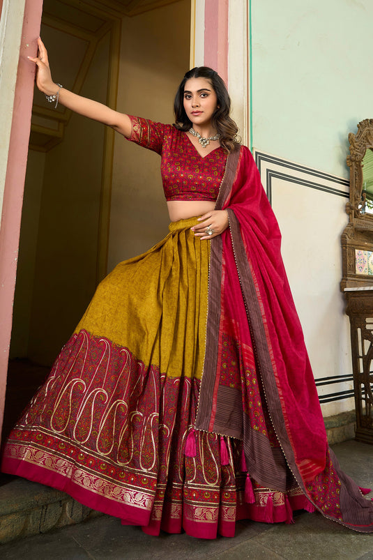 Kashmiri Printed Art Silk Function Wear Ravishing Lehenga In Mustard Color