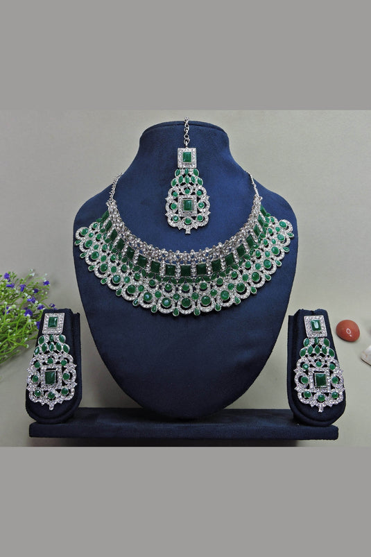 Green Color Pleasance Alloy Necklace With Earrings and Mang Tikka