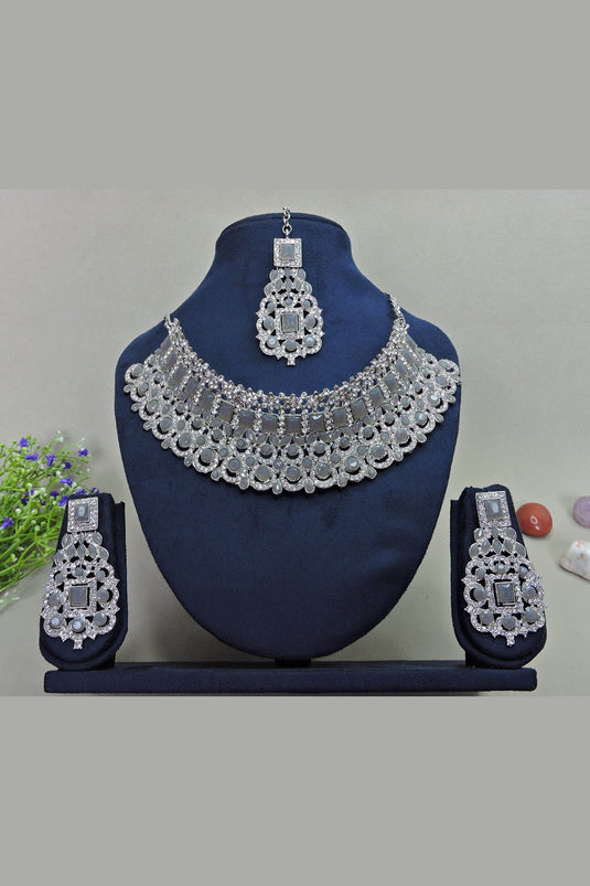 Bewitching Alloy Necklace With Earrings and Mang Tikka In Grey Color