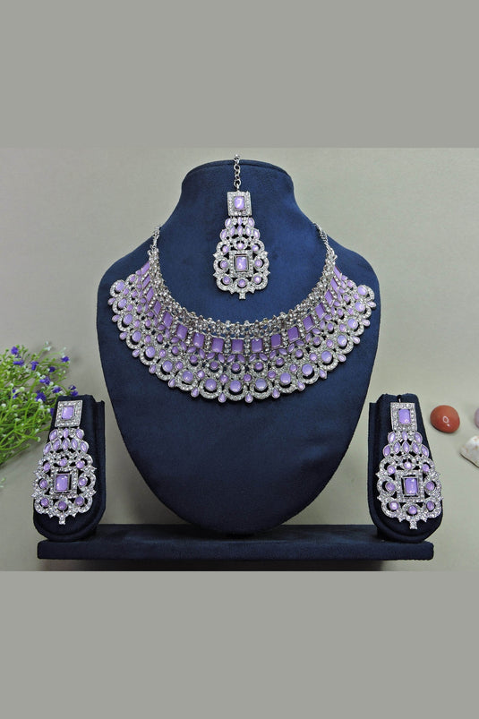 Purple Color Coveted Alloy Necklace With Earrings and Mang Tikka