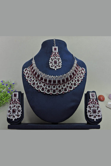 Maroon Color Riveting Alloy Necklace With Earrings and Mang Tikka