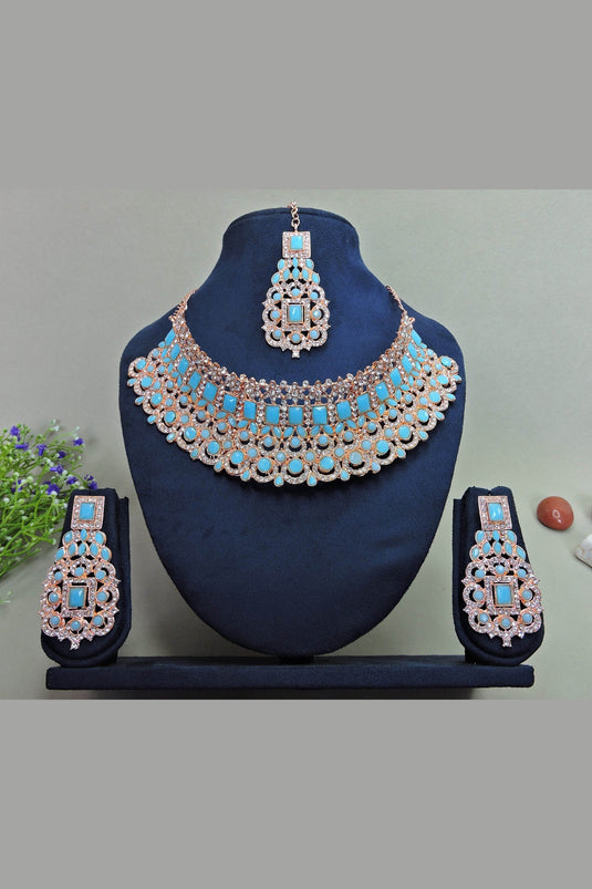 Blue Color Princely Alloy Necklace With Earrings and Mang Tikka