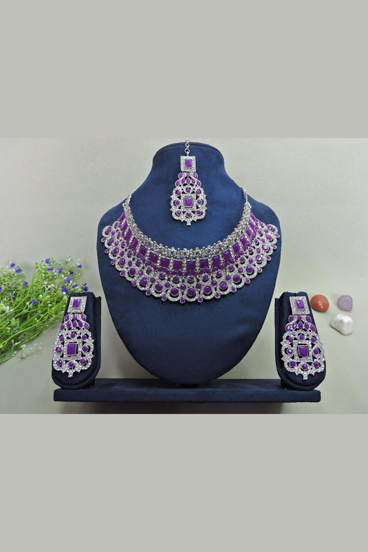 Soothing Purple Color Alloy Necklace With Earrings and Mang Tikka